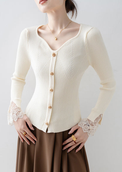 Fine Beige V Neck Lace Patchwork Knit Sweaters Spring