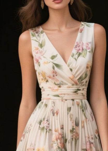 Fine Beige V Neck Print Chiffon Dress Sleeveless