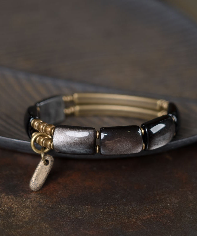 Fine Black Alloy Obsidian Double Layer Unisex Charm Bracelet