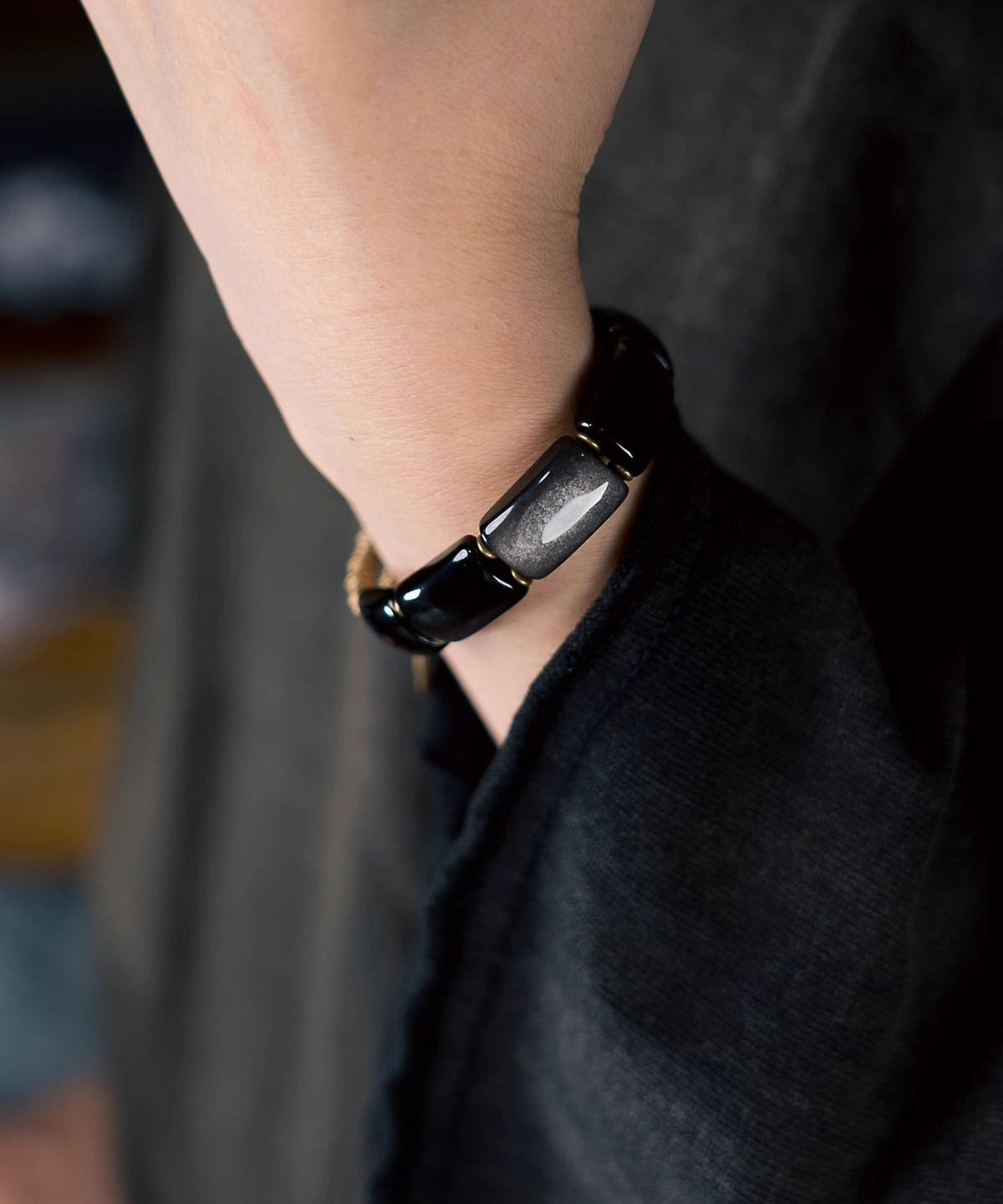 Fine Black Alloy Obsidian Double Layer Unisex Charm Bracelet