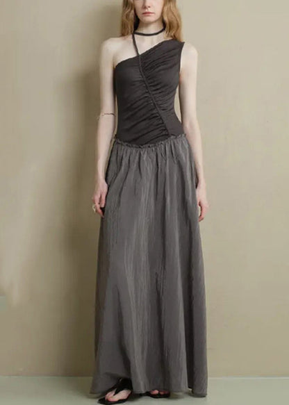 Fine Black Asymmetrical Ruffled Knitting Cotton Patchwork Long Dress Sleeveless