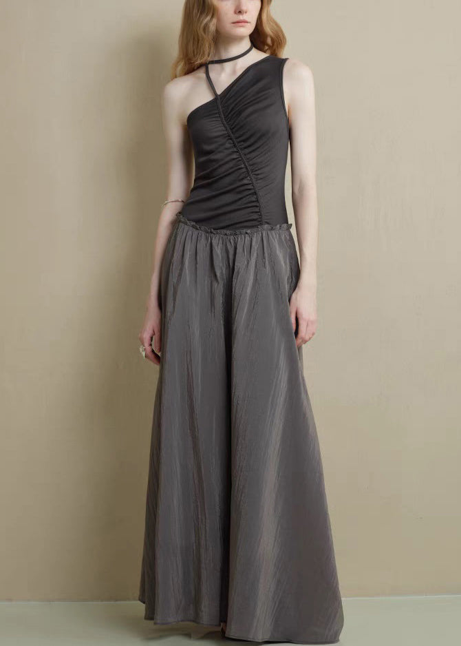 Fine Black Asymmetrical Ruffled Knitting Cotton Patchwork Long Dress Sleeveless