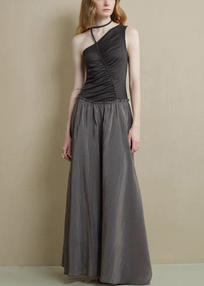 Fine Black Asymmetrical Ruffled Knitting Cotton Patchwork Long Dress Sleeveless