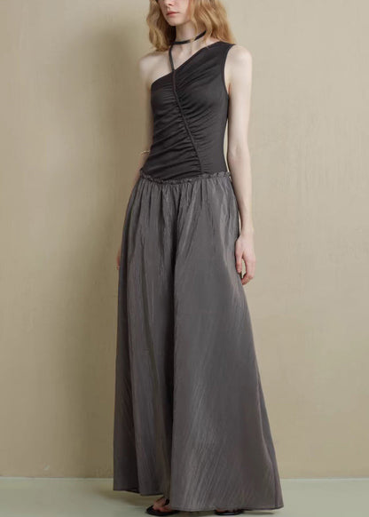 Fine Black Asymmetrical Ruffled Knitting Cotton Patchwork Long Dress Sleeveless