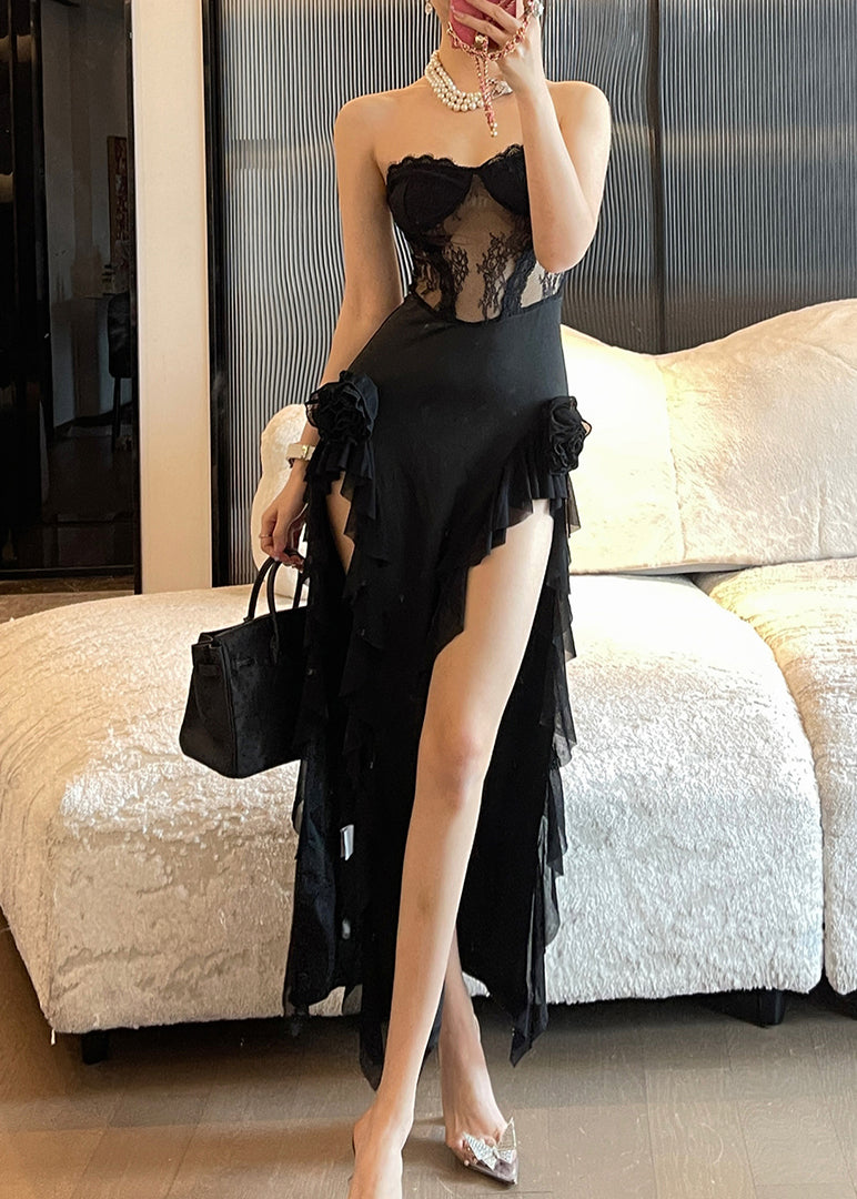Fine Black Bustier Top Ruffled Lace Patchwork Summer Maxi Dress Sleeveless
