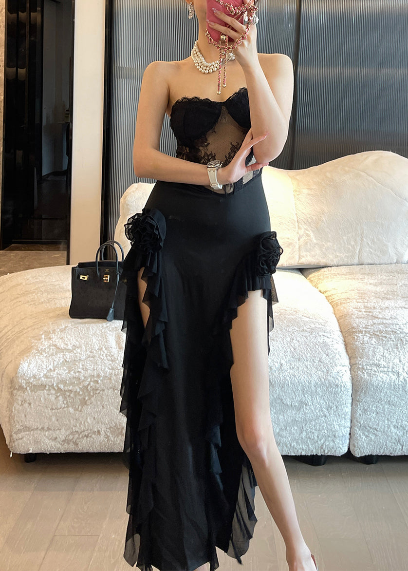 Fine Black Bustier Top Ruffled Lace Patchwork Summer Maxi Dress Sleeveless