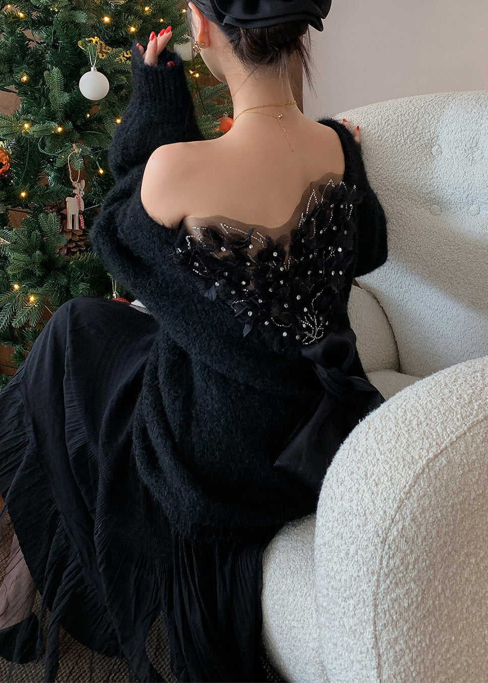 Fine Black Cold Shoulder Patchwork Knit Sweaters Winter