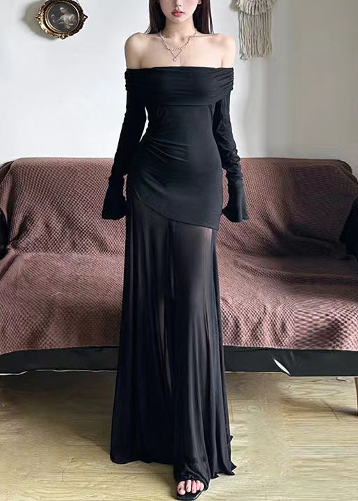 Fine Black Cold Shoulder Patchwork Tulle Party Dress Spring