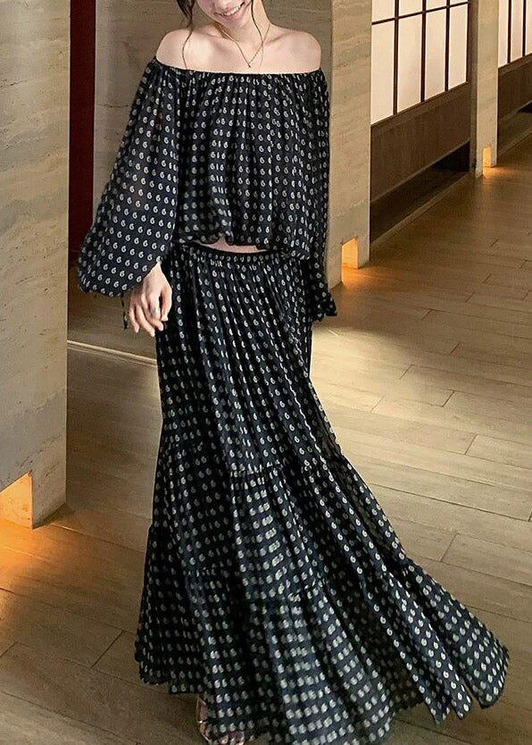 Fine Black Dot Print Top And Maxi Skirts Two Pieces Set Spring