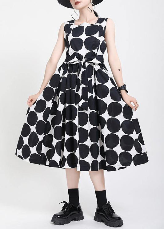 Fine Black Dot tie waist Summer Cotton Dress - SooLinen