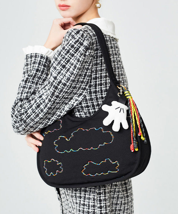 Fine Black Embroidered Pendant Decorated Cotton Hobo Bag