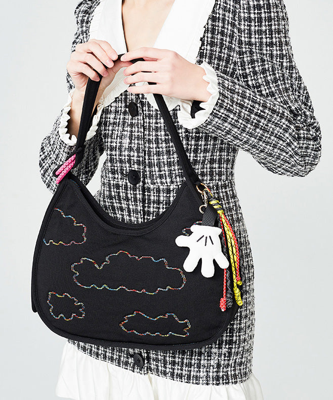 Fine Black Embroidered Pendant Decorated Cotton Hobo Bag