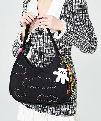 Fine Black Embroidered Pendant Decorated Cotton Hobo Bag