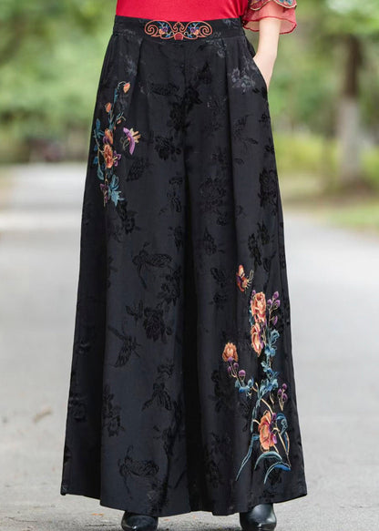 Fine Black Embroidered Pockets High Waist Silk Pants Fall