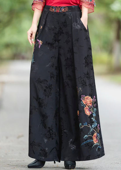 Fine Black Embroidered Pockets High Waist Silk Pants Fall
