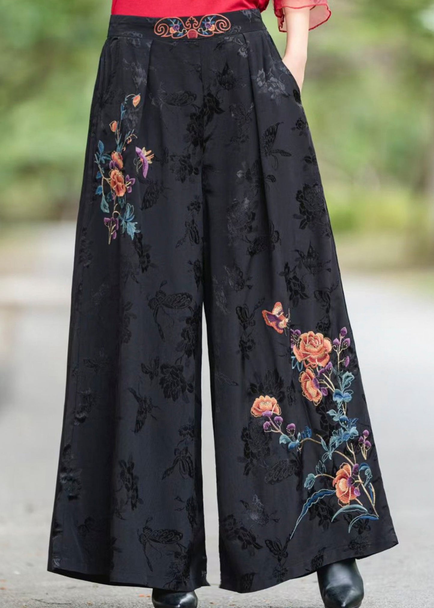 Fine Black Embroidered Pockets High Waist Silk Pants Fall