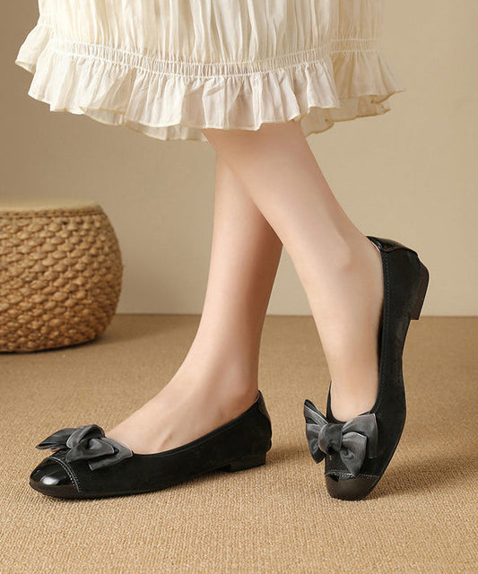 Fine Black Faux Leather Flat Feet Shoes Splicing Flat Shoes