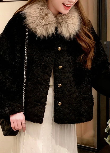 Fine Black Fur Collar Button Faux Fur Coats Long Sleeve