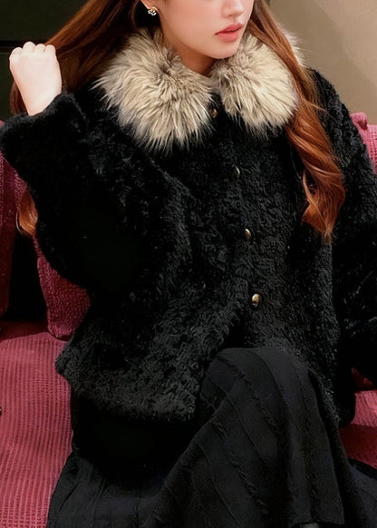 Fine Black Fur Collar Button Faux Fur Coats Long Sleeve