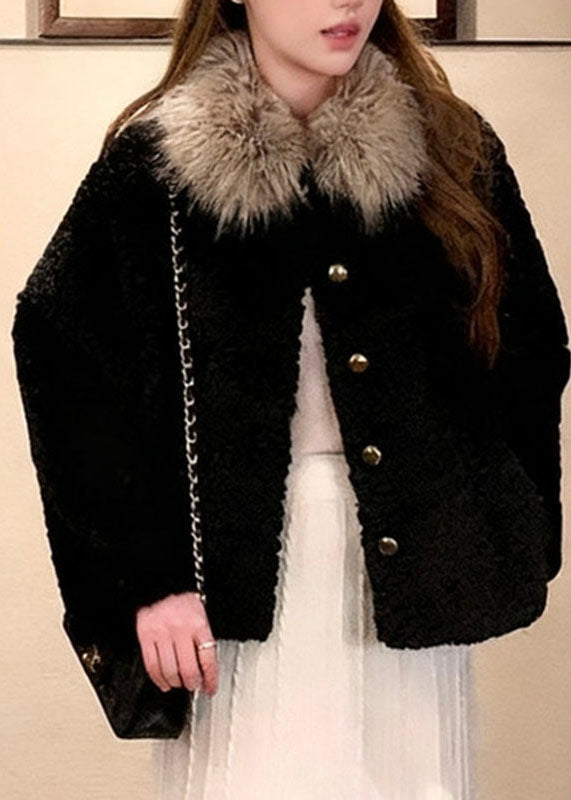 Fine Black Fur Collar Button Faux Fur Coats Long Sleeve