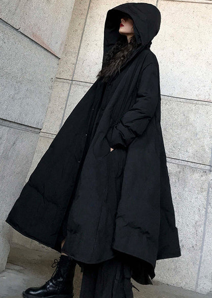 Fine Black Hooded Pockets Fine Cotton Filled Parka Winter