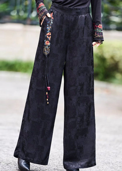 Fine Black Jacquard Embroidered Tasseled Silk Pants Spring