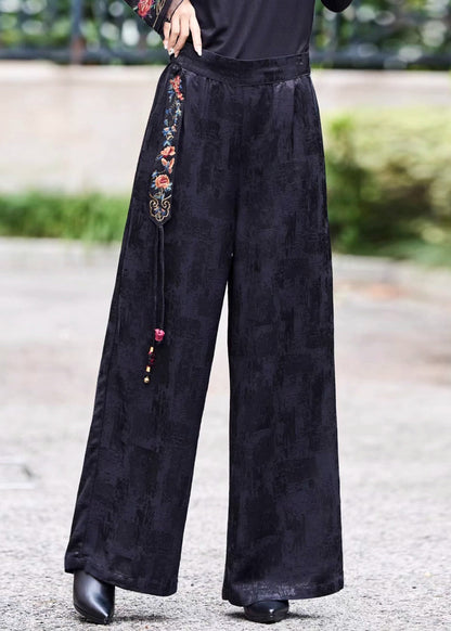 Fine Black Jacquard Embroidered Tasseled Silk Pants Spring