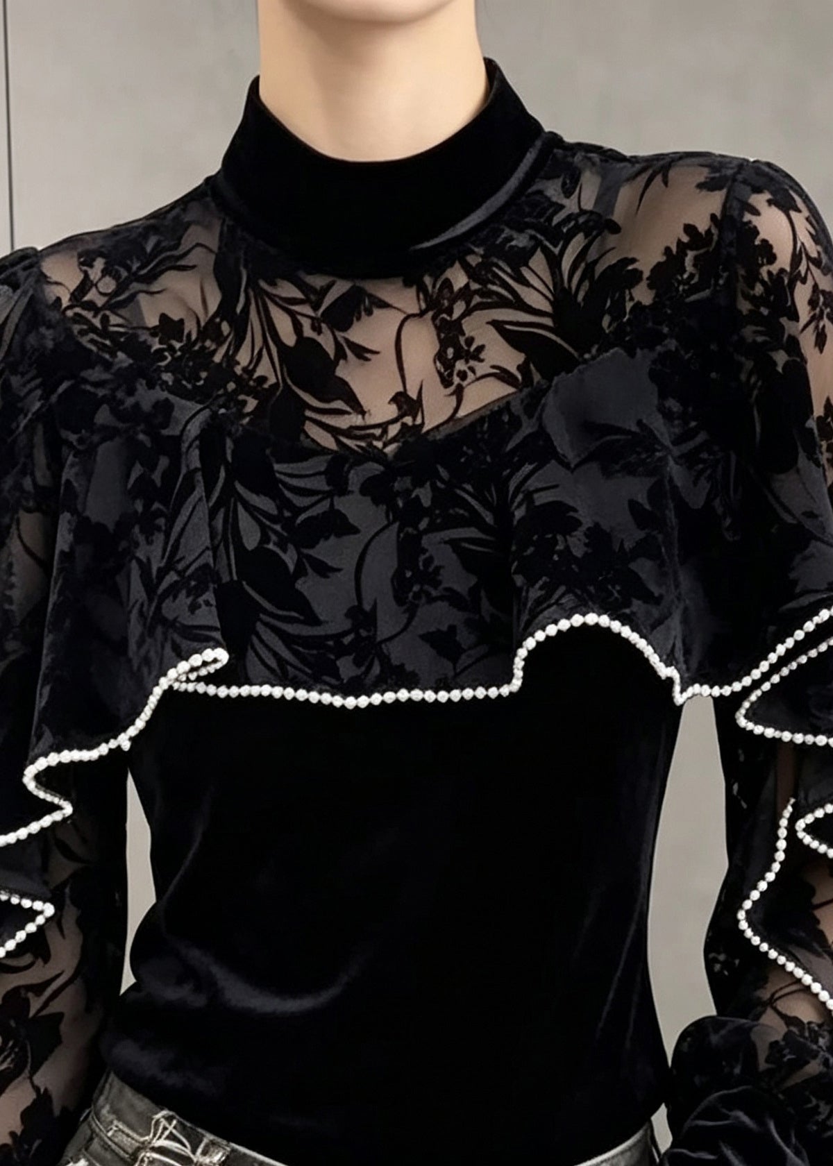 Fine Black Lace Patchwork Silk Velour Top Fall