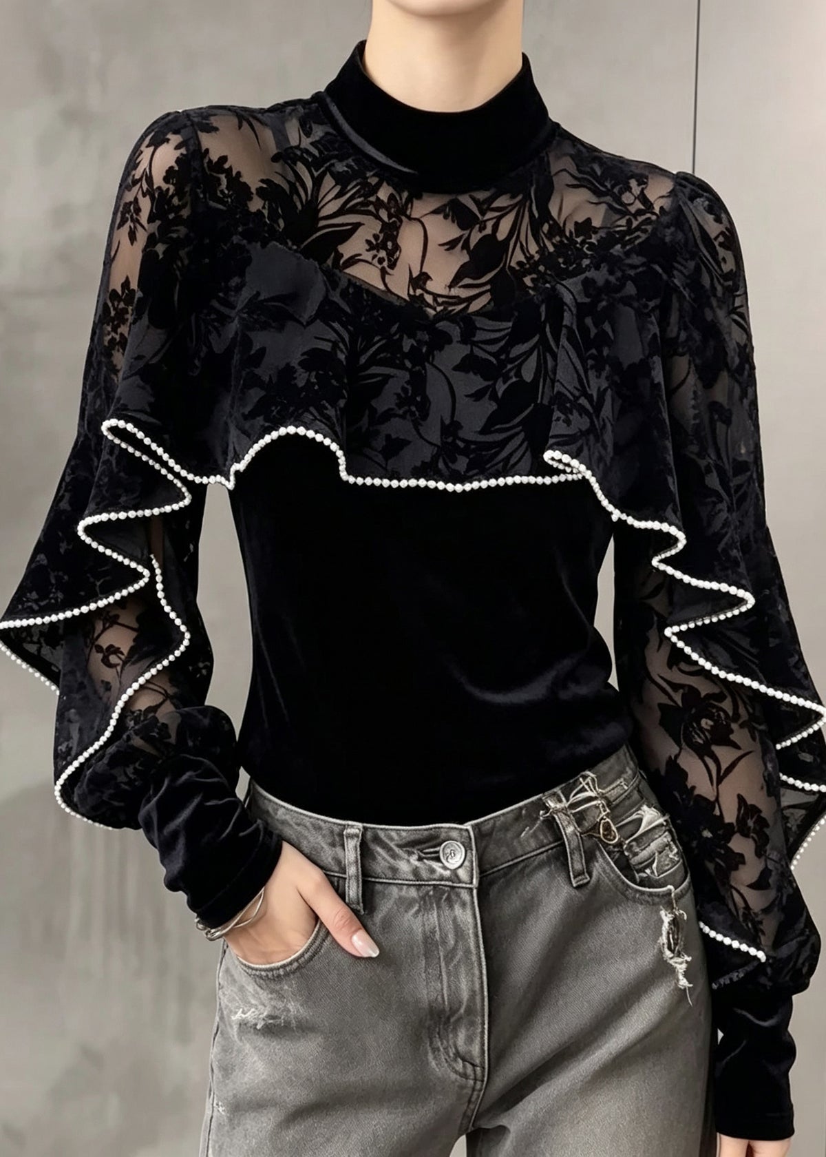 Fine Black Lace Patchwork Silk Velour Top Fall