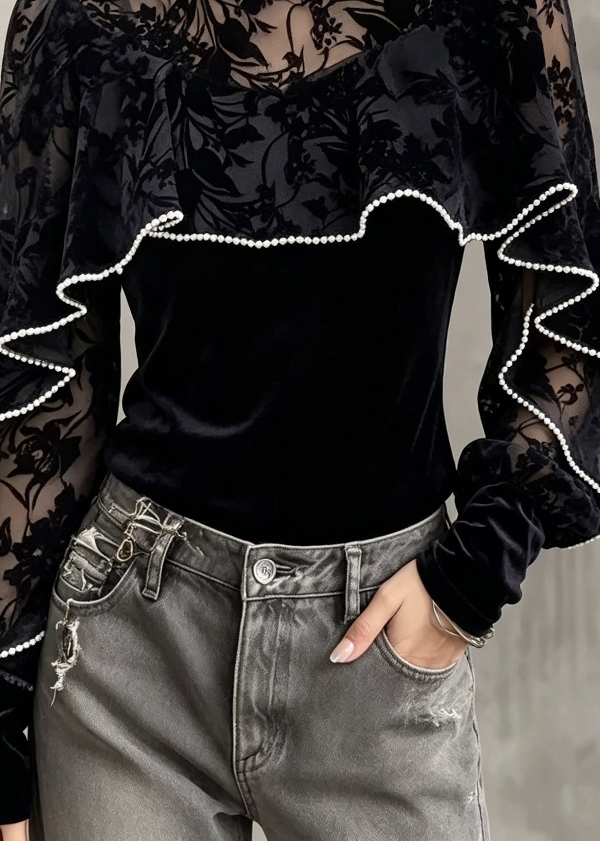 Fine Black Lace Patchwork Silk Velour Top Fall