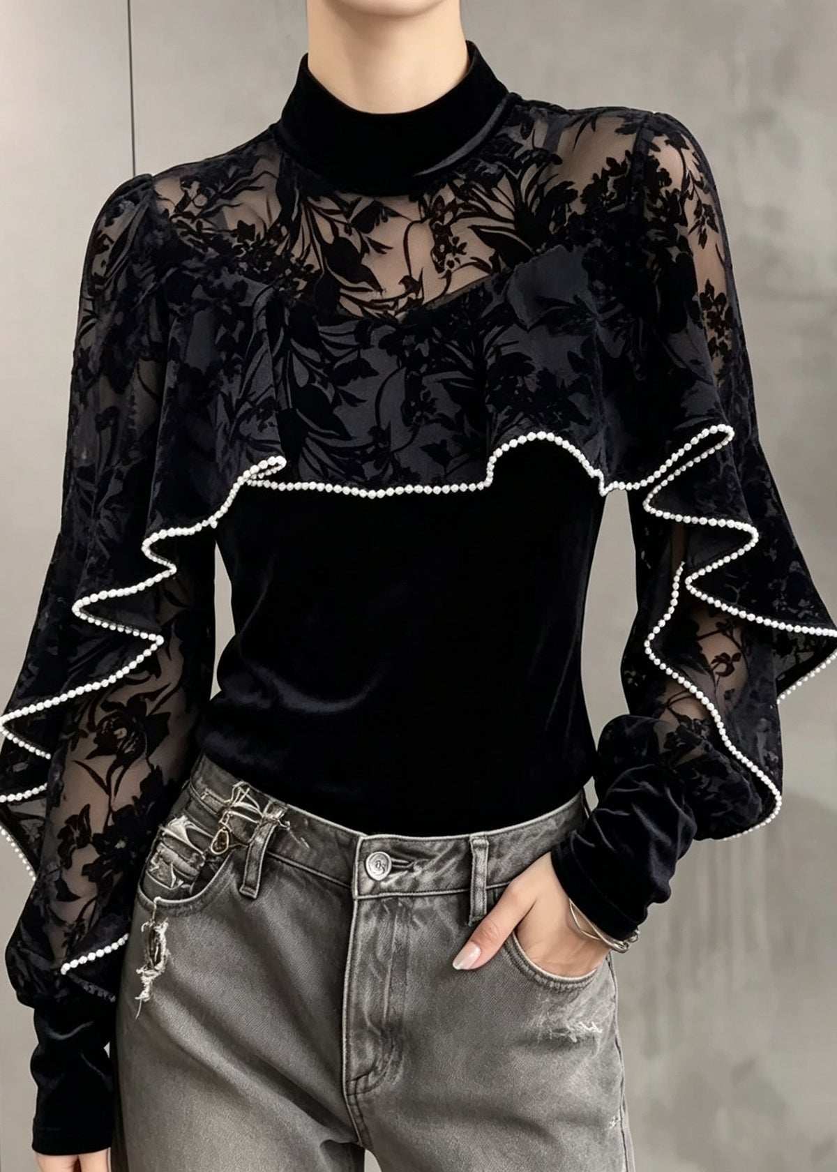 Fine Black Lace Patchwork Silk Velour Top Fall