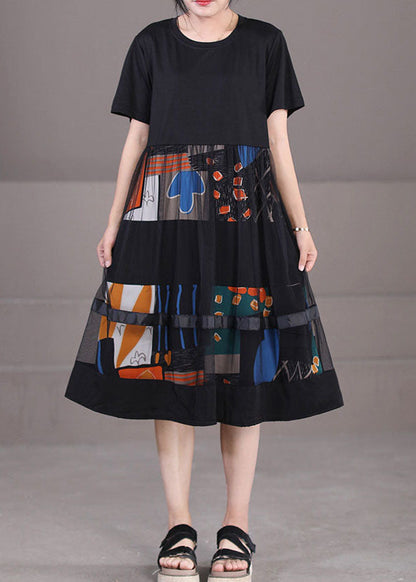 Fine Black O-Neck Tulle Patchwork Print Cotton Party Dress Short Sleeve