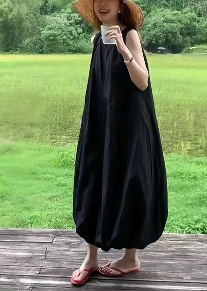 Fine Black Oversized Cotton Ankle Dress Sleeveless