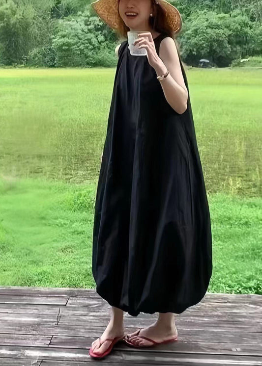 Fine Black Oversized Cotton Ankle Dress Sleeveless