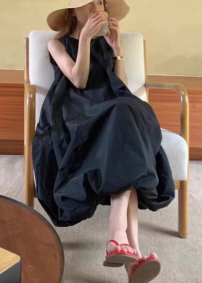 Fine Black Oversized Cotton Ankle Dress Sleeveless