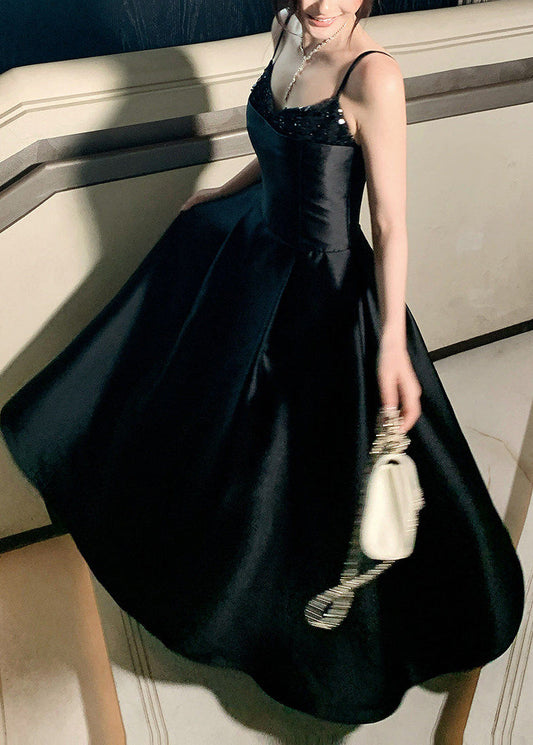Fine Black Patchwork Flattering Solid Maxi Spaghetti Strap Dresses Summer