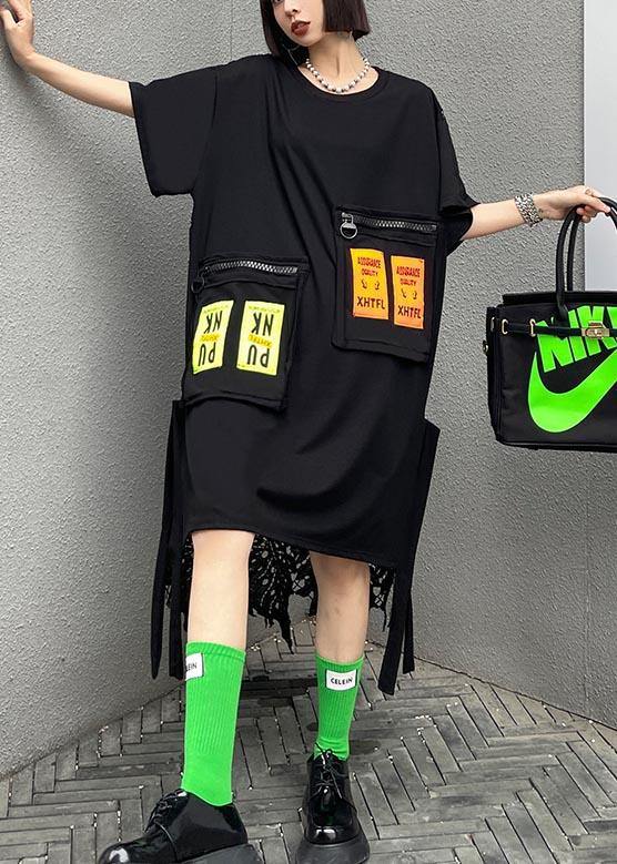 Fine Black Patchwork Lace Pockets Ankle Summer Cotton Dress - SooLinen