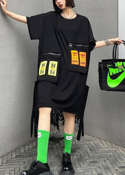 Fine Black Patchwork Lace Pockets Ankle Summer Cotton Dress - SooLinen