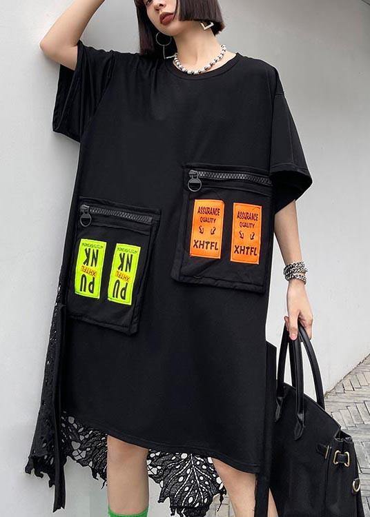 Fine Black Patchwork Lace Pockets Ankle Summer Cotton Dress - SooLinen