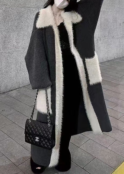 Fine Black Peter Pan Collar Pockets Patchwork Mink Hair Knitted Long Cardigan Winter