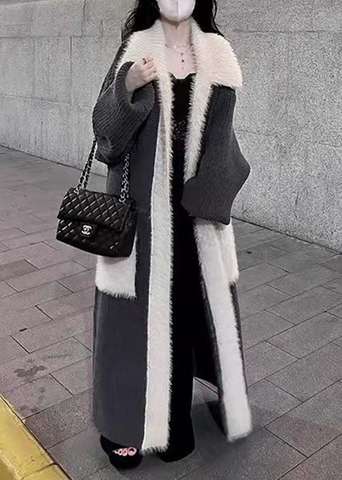 Fine Black Peter Pan Collar Pockets Patchwork Mink Hair Knitted Long Cardigan Winter