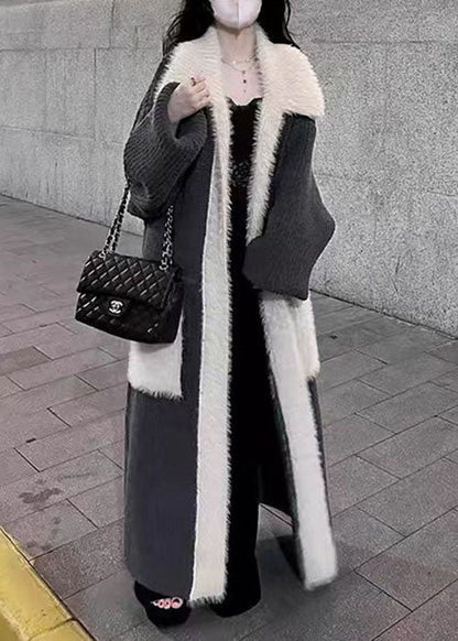 Fine Black Peter Pan Collar Pockets Patchwork Mink Hair Knitted Long Cardigan Winter