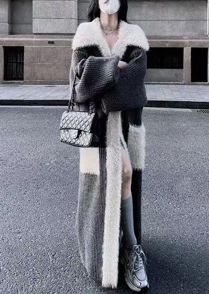 Fine Black Peter Pan Collar Pockets Patchwork Mink Hair Knitted Long Cardigan Winter