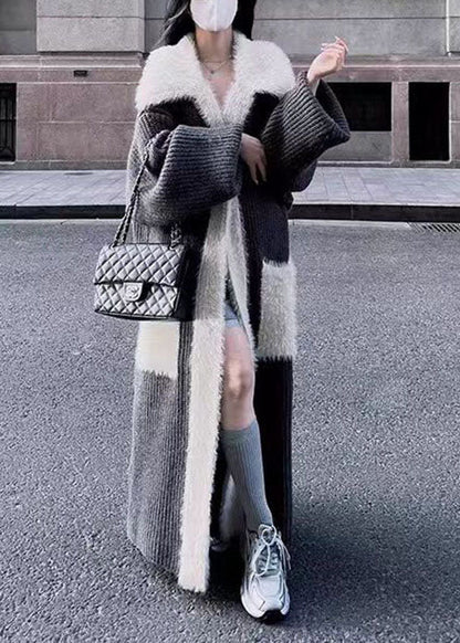 Fine Black Peter Pan Collar Pockets Patchwork Mink Hair Knitted Long Cardigan Winter