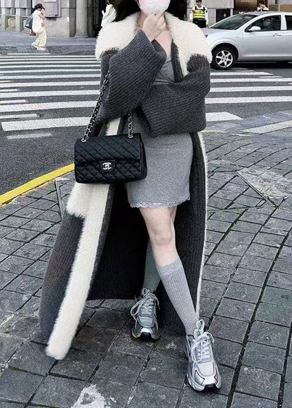 Fine Black Peter Pan Collar Pockets Patchwork Mink Hair Knitted Long Cardigan Winter