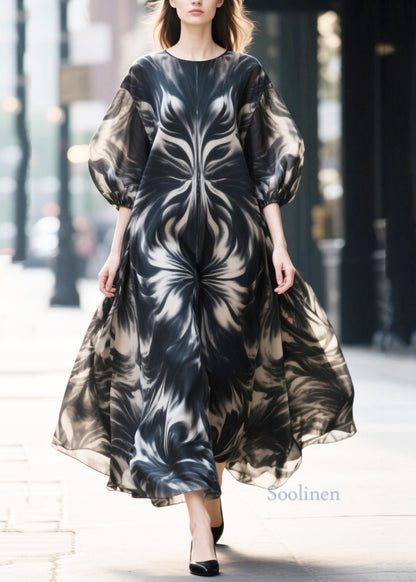 Fine Black Print Chiffon Long Dress Puff Sleeve