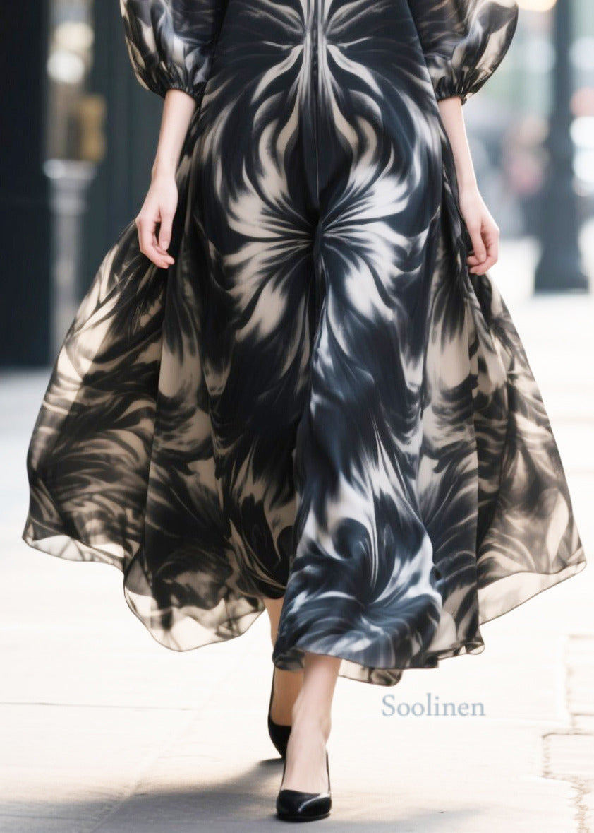 Fine Black Print Chiffon Long Dress Puff Sleeve