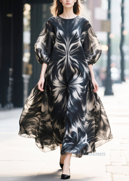 Fine Black Print Chiffon Long Dress Puff Sleeve
