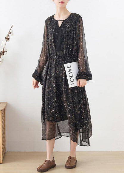 Fine Black Print Chiffon Tie Waist Summer Long Dresses - SooLinen