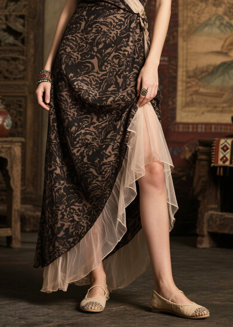 Fine Black Print Patchwork Chiffon Long Dresses Summer